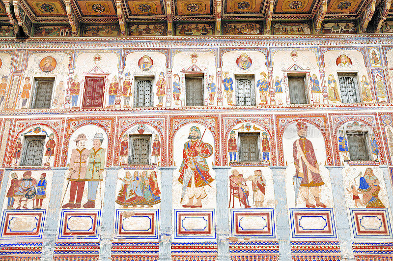 Podar Haveli正面壁画，纳瓦尔加尔，谢卡瓦蒂，拉贾斯坦邦，印度